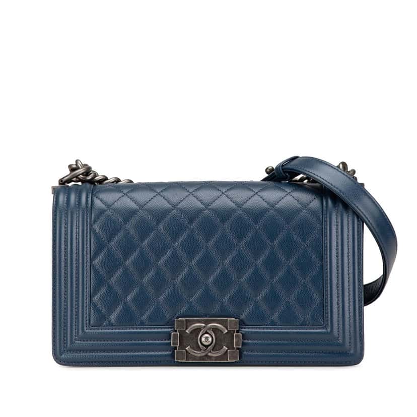 Chanel Old Medium Quilted Caviar Boy Flap Blue Leather Good condition - Front View
