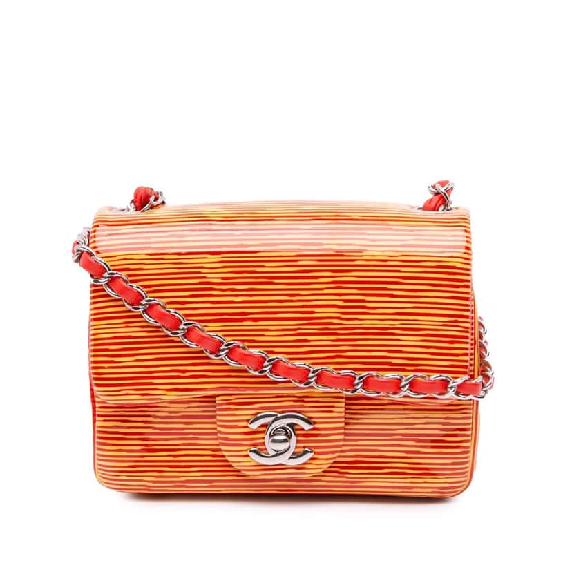 Chanel Mini Square Classic Patent Striped Single Flap Orange Leather Very good condition - Front View
