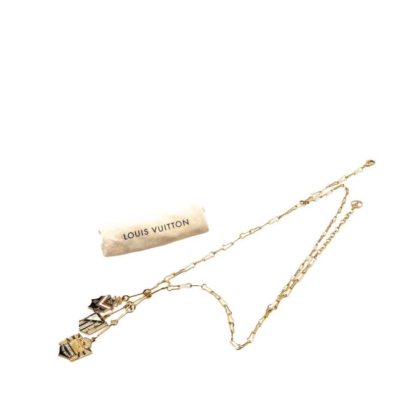 Louis Vuitton Gold Plated Enamel and Crystal Charm Pendant Necklace Gold Metal Good condition - Box View