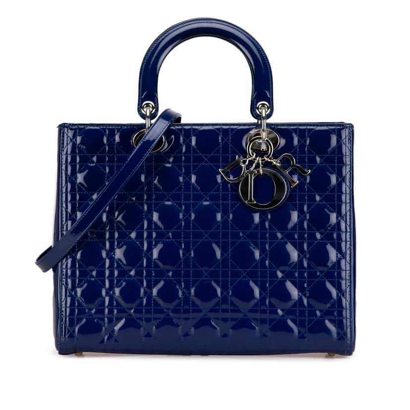 Dior Large Patent Cannage Lady Dior Blue Leather Good condition - Front View