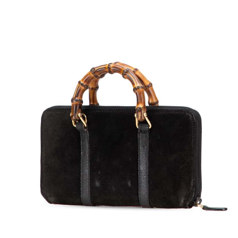 Gucci Suede Bamboo Wallet On Strap Black Leather Fair condition - Back View