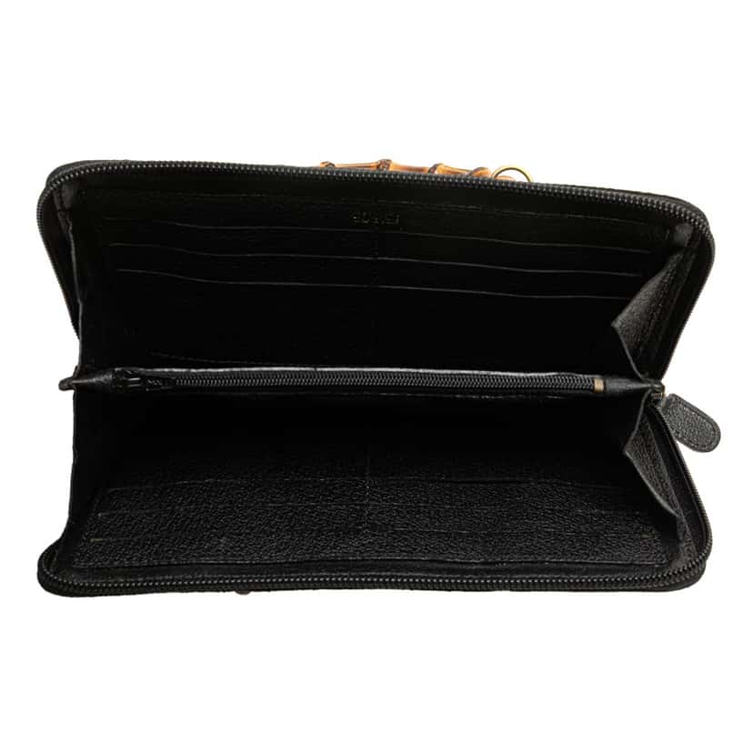 Gucci Suede Bamboo Wallet On Strap Black Leather Fair condition - Model View