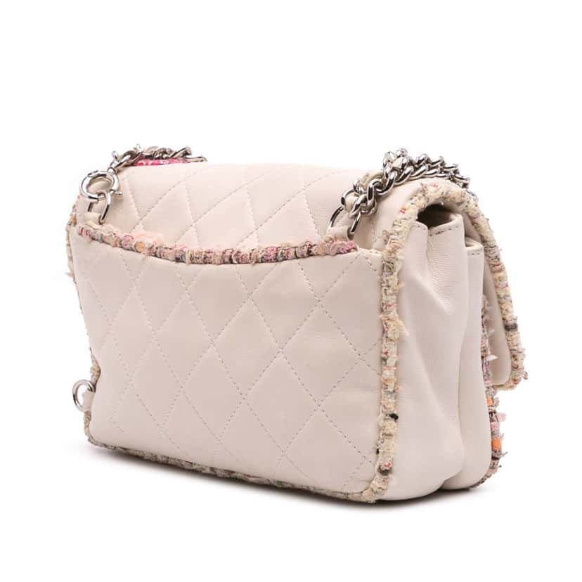Chanel Quilted Lambskin and Tweed Elegant Trim Flap White Leather Good condition - Back View