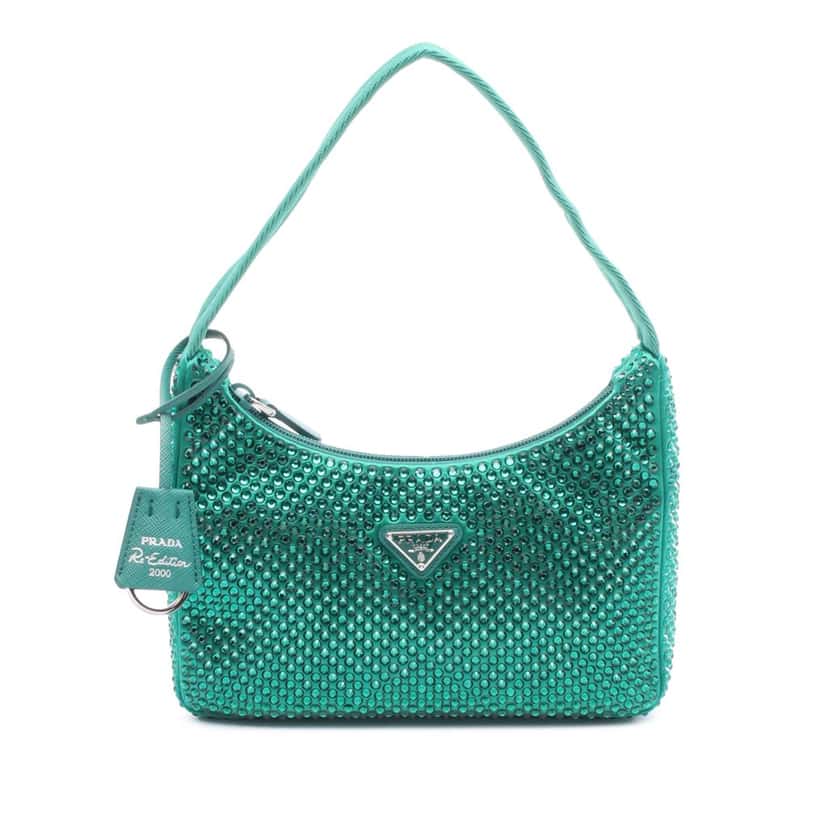 Prada Mini Satin Crystal Re Edition 2000 Shoulder Bag Green Satin Very good condition - Front View