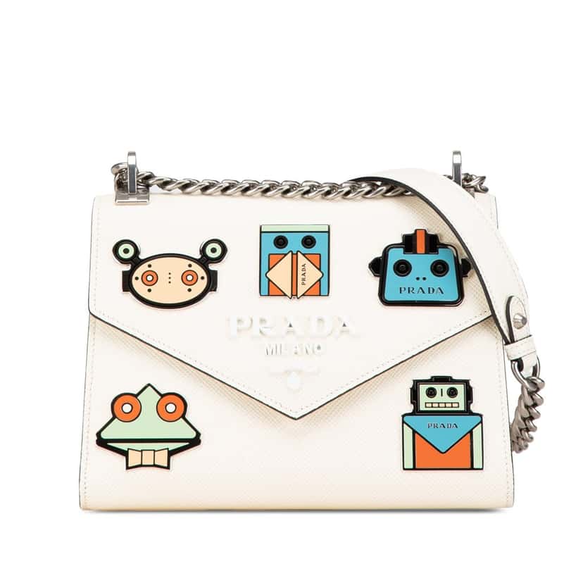 Prada Saffiano Cuir Monochrome Robot Patches Envelope Chain Flap White Leather Good condition - Front View