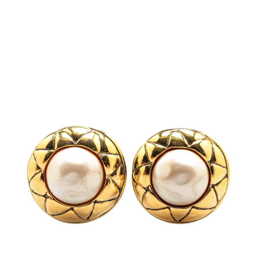 Chanel Gold Plated Faux Pearl Round Clip on Earrings Gold Metal Fair condition - Front View