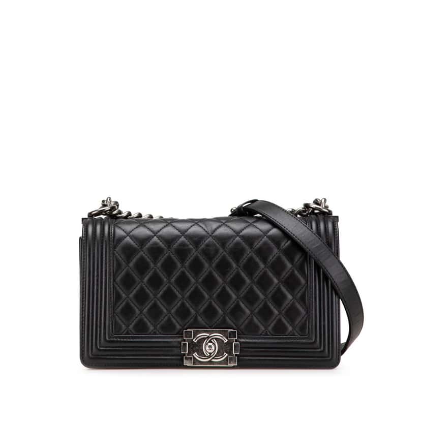 Chanel Old Medium Quilted Lambskin Boy Flap Black Leather Good condition - Front View
