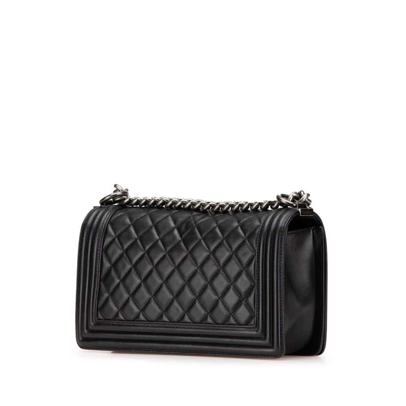 Chanel Old Medium Quilted Lambskin Boy Flap Black Leather Good condition - Back View