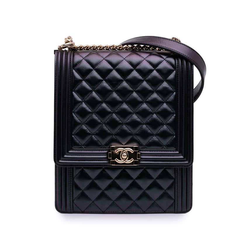 Chanel Quilted Iridescent Calfskin North South Boy Flap Black Leather Good condition - Front View