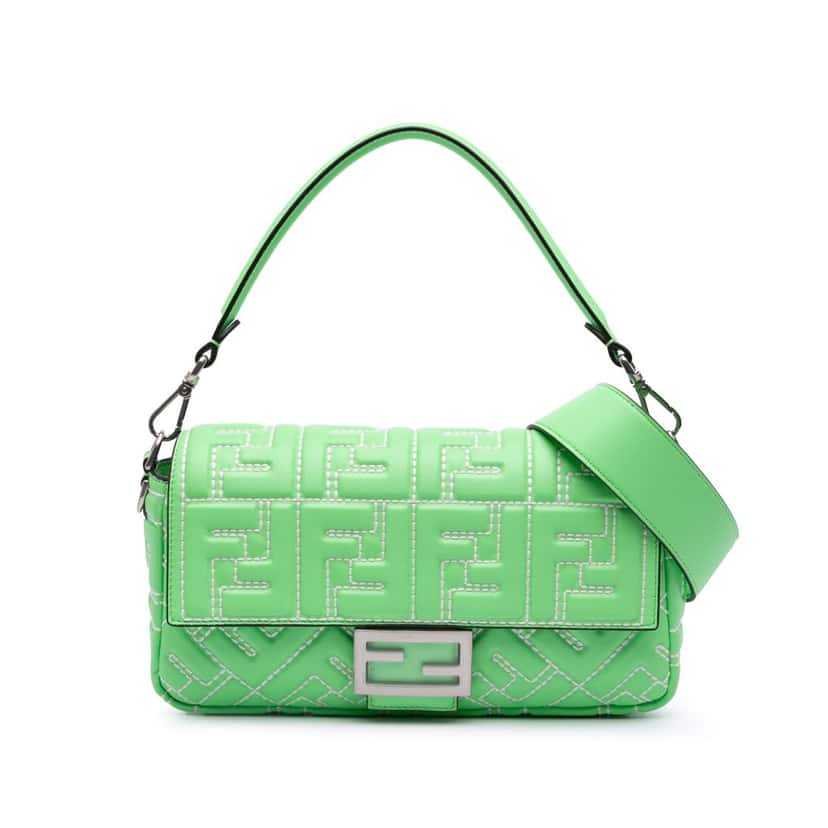 Fendi Medium Leather Embossed FF Baguette Satchel Green Leather Good condition - Front View