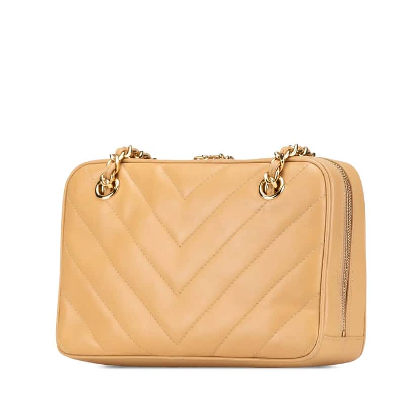 Chanel CC Chevron Quilted Lambskin Chain Shoulder Bag Brown Leather Fair condition - Back View