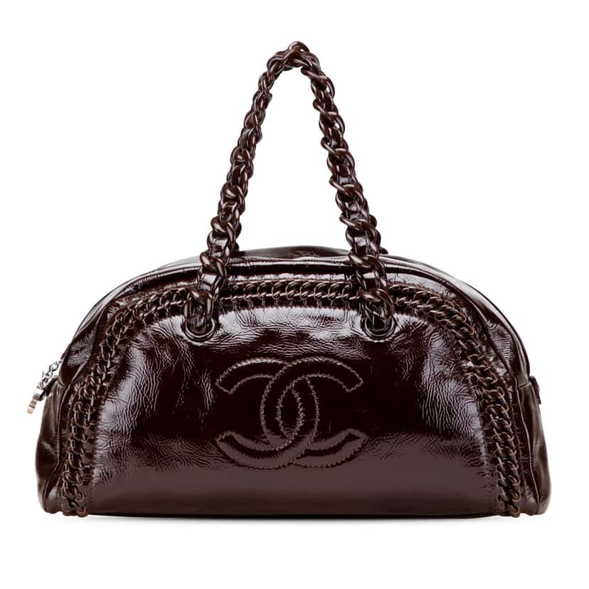Chanel Large Patent Luxe Ligne Bowler Bag Brown Leather Good condition - Front View