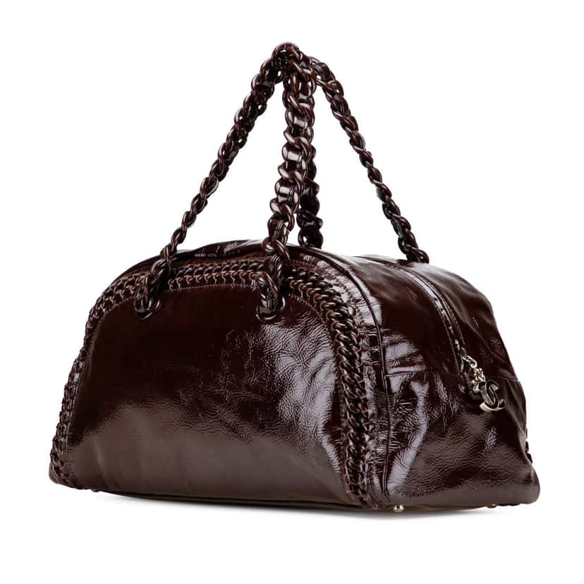 Chanel Large Patent Luxe Ligne Bowler Bag Brown Leather Good condition - Back View