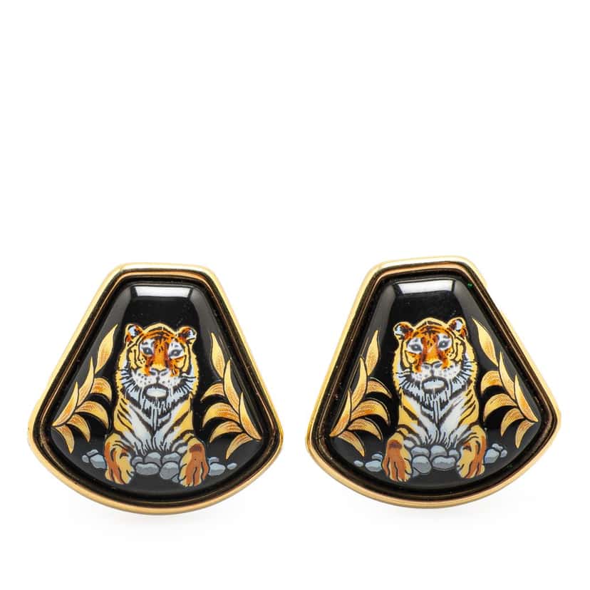 Hermès Royal Tiger Cloisonne Enamel Clip On Earrings Black Good condition - Front View
