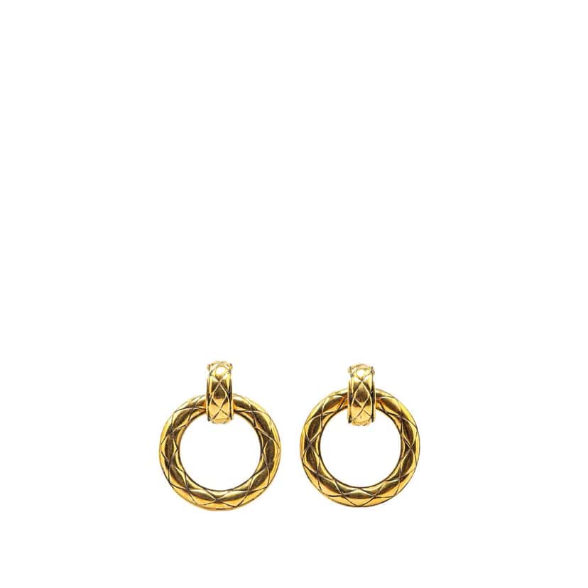 Chanel Gold Plated Quilted Hoop Drop Clip on Earrings Gold Metal Good condition - Front View