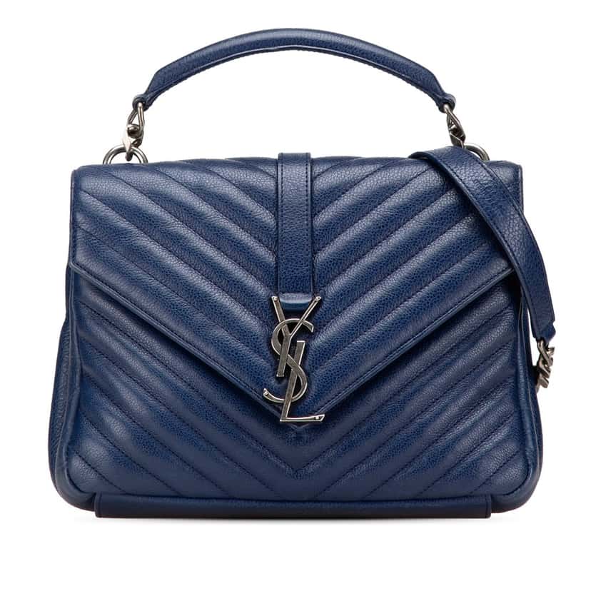 Saint Laurent Medium Quilted Chevron Sheepskin College Satchel Blue Leather Good condition - Front View