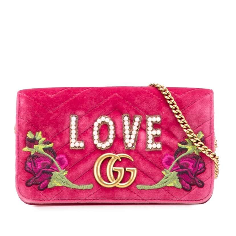Gucci Mini GG Marmont Embroidered Matelasse Velvet Love Wallet On Chain Pink Velvet Good condition - Front View