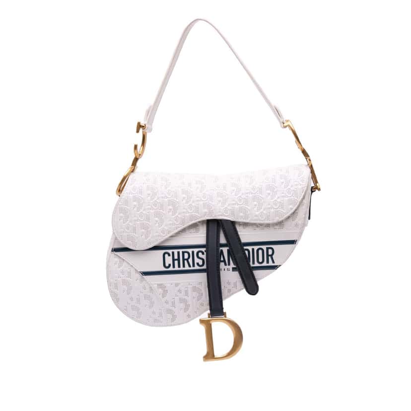 Dior Perforated Oblique Embossed Calfskin Saddle Bag White Leather Good condition - Front View