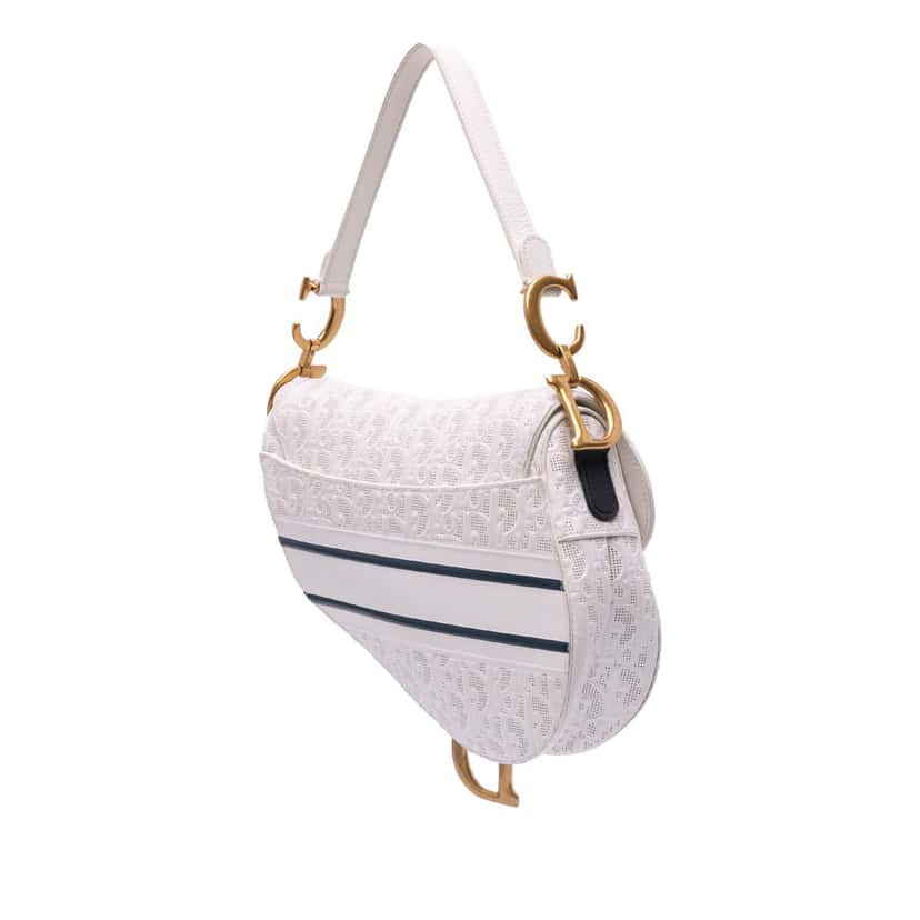 Dior Perforated Oblique Embossed Calfskin Saddle Bag White Leather Good condition - Back View