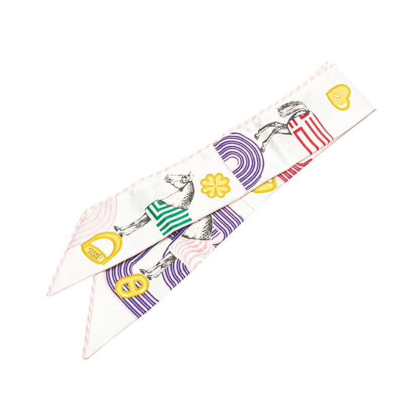 Hermès Garde Robe Pop Charms Twilly Silk Scarf White Silk Very good condition - Front View