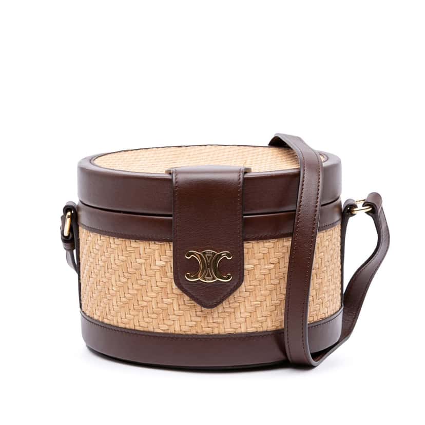 Celine Medium Raffia and Calfskin Triomphe Tambour Crossbody Brown Good condition - Front View
