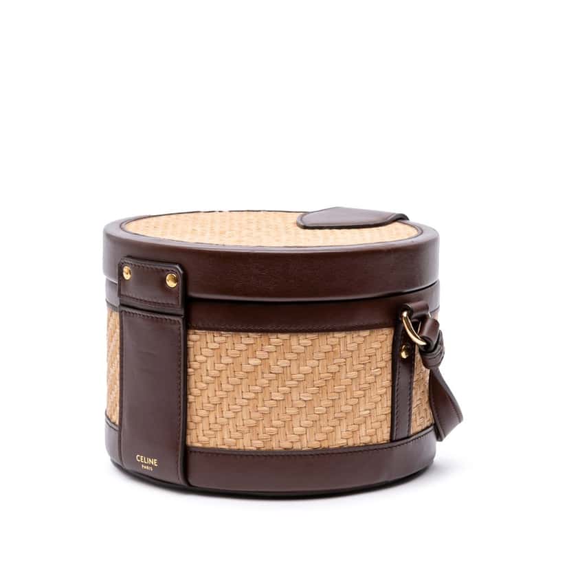Celine Medium Raffia and Calfskin Triomphe Tambour Crossbody Brown Good condition - Back View