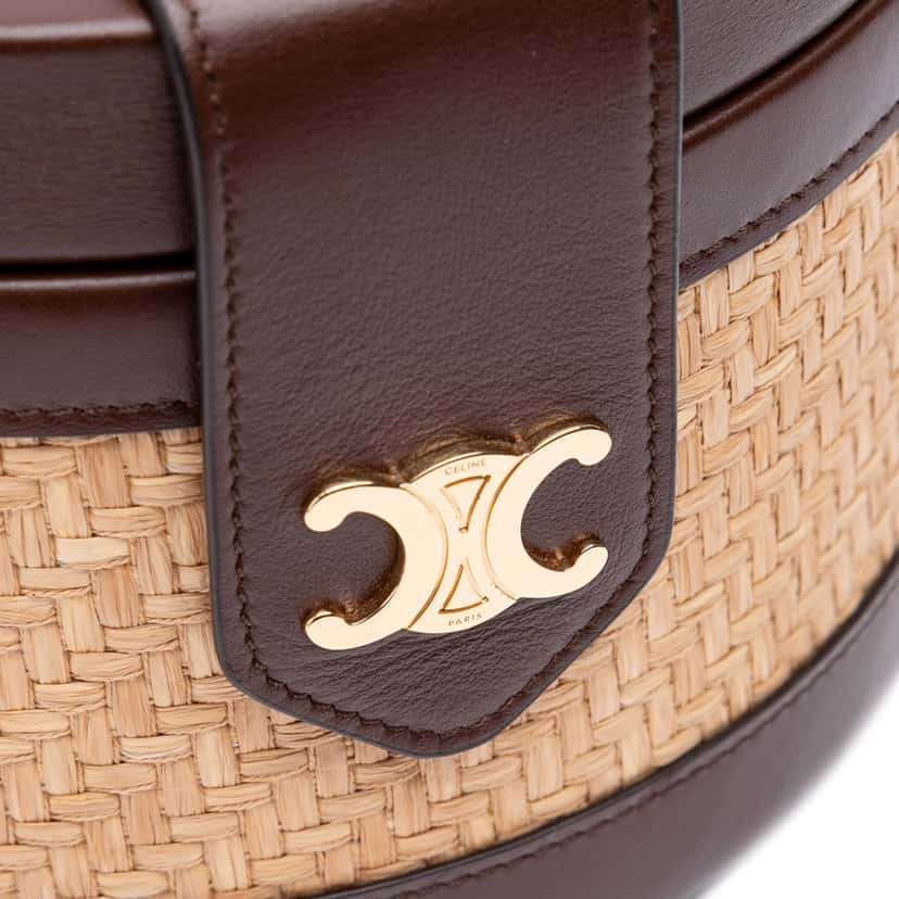Celine Medium Raffia and Calfskin Triomphe Tambour Crossbody Brown Good condition - Box View