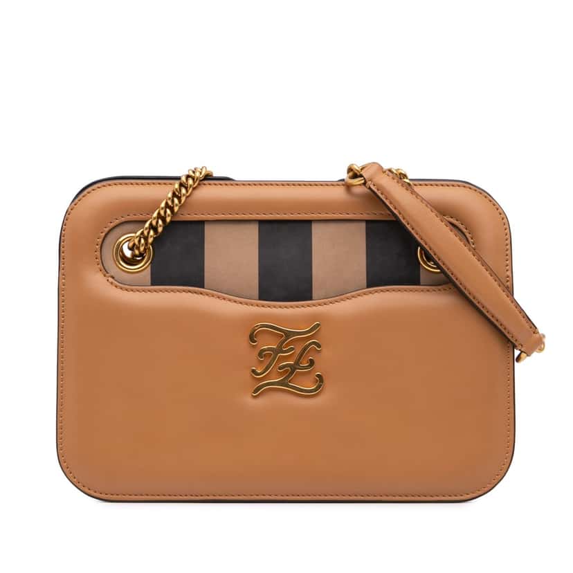 Fendi Calfskin Vitello King Nubuck Pequin Karligraphy Pocket Shoulder Bag Brown Leather Very good condition - Front View