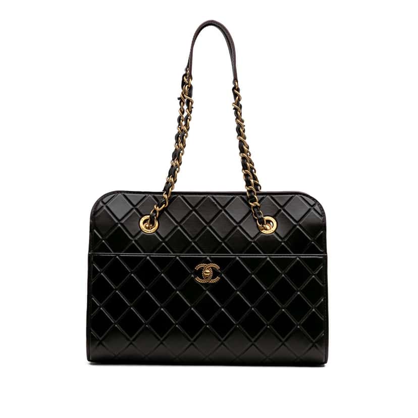 Chanel CC Quilted Calfskin Front Pocket Shopping Tote Black Leather Good condition - Front View
