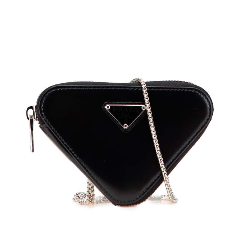 Prada Mini Spazzolato Leather Triangle Chain Crossbody Black Leather Good condition - Front View