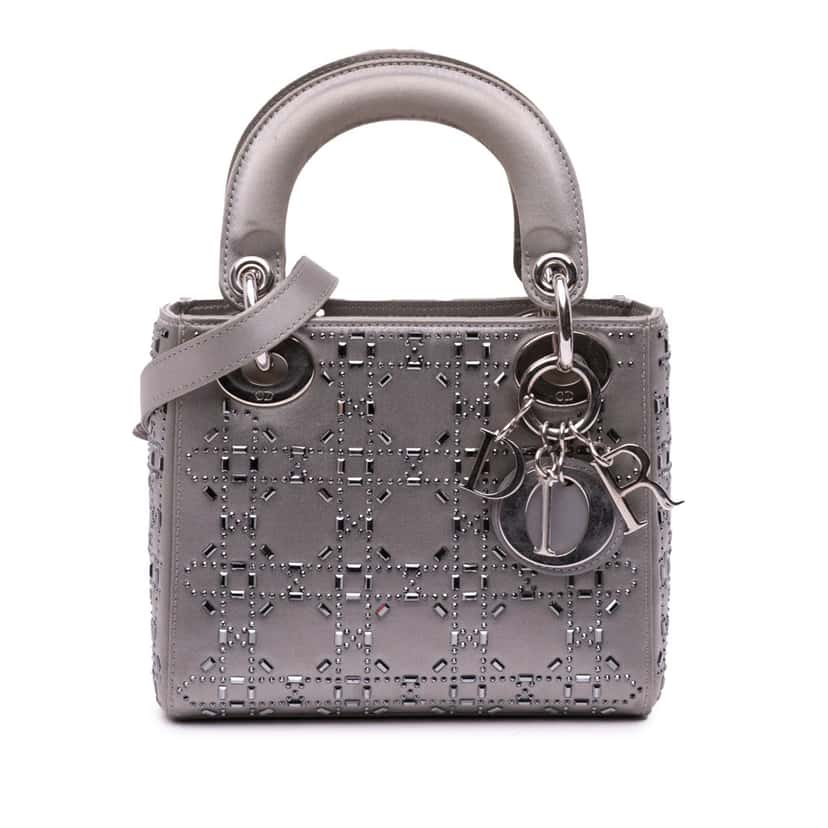 Dior Mini Satin Cannage Strass Crystal Embellished Lady Dior Grey Satin Good condition - Front View
