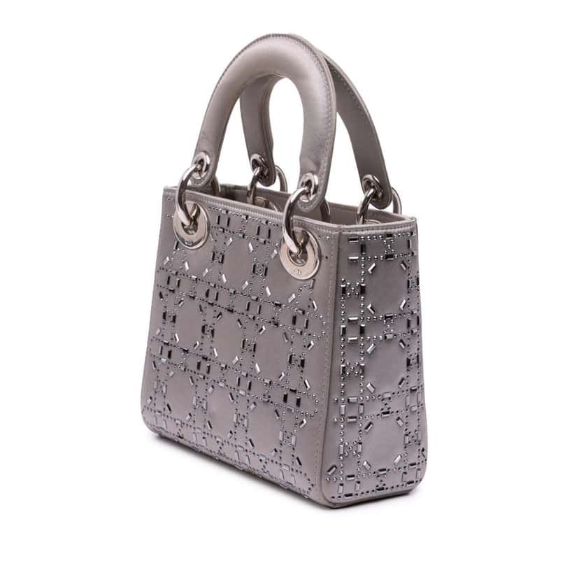 Dior Mini Satin Cannage Strass Crystal Embellished Lady Dior Grey Satin Good condition - Back View