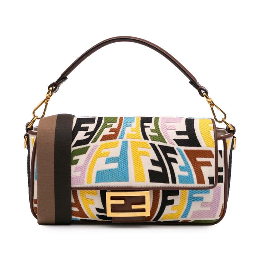 Fendi Sarah Coleman Zucca Embroidered Canvas Fish Eye Vertigo Baguette Satchel Brown Canvas Good condition - Front View