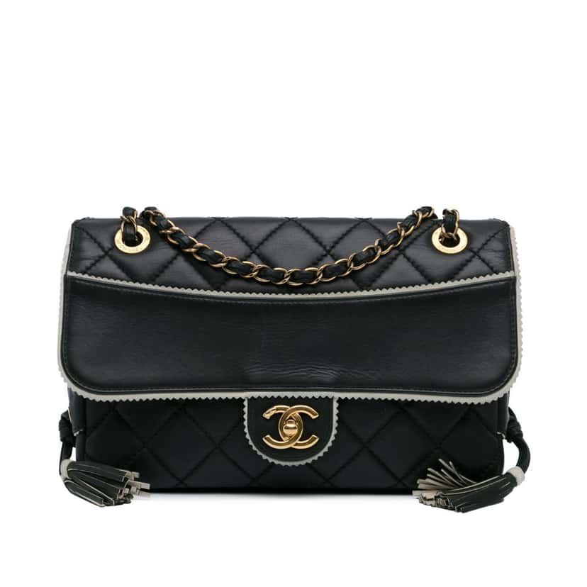 Chanel CC Quilted Lambskin Tassel and Border Embellished Flap Black Leather Good condition - Front View