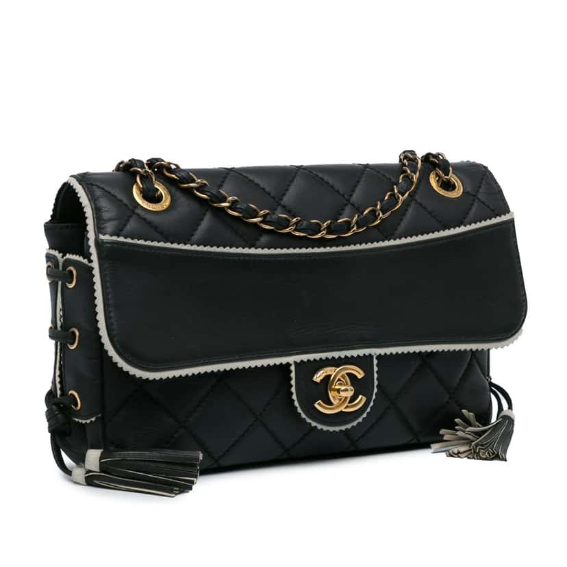 Chanel CC Quilted Lambskin Tassel and Border Embellished Flap Black Leather Good condition - Back View