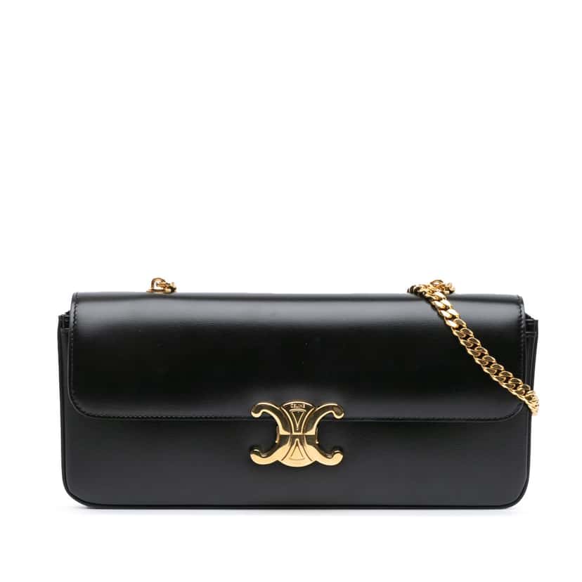 Celine Shiny Calfskin Triomphe Chain Shoulder Bag Black Leather Good condition - Front View
