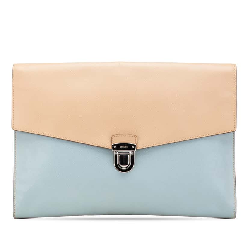 Prada Bicolor Saffiano Envelope Pushlock Clutch Blue Leather Good condition - Front View