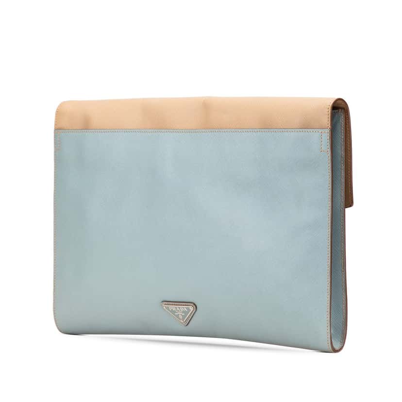 Prada Bicolor Saffiano Envelope Pushlock Clutch Blue Leather Good condition - Back View