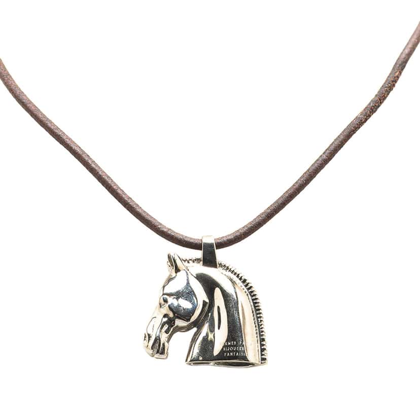 Hermès Palladium Plated Horse Head Pendant Necklace Silver Metal Good condition - Front View