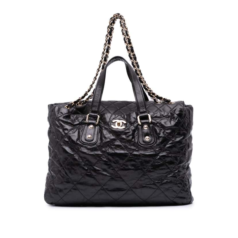 Chanel Large Quilted Glazed Calfskin Portobello Satchel Black Leather Good condition - Front View