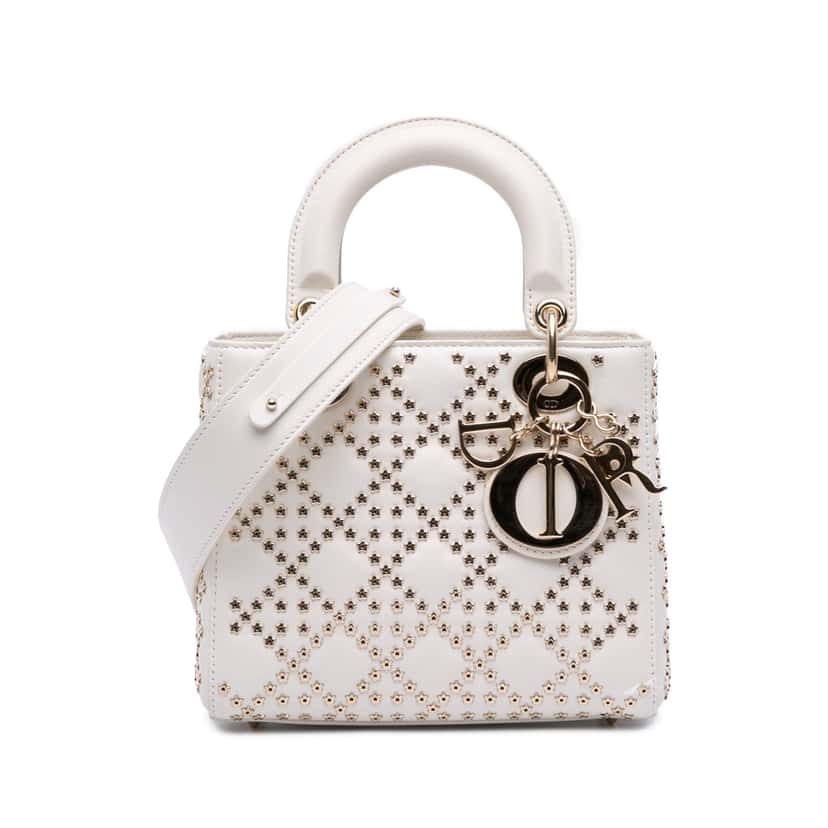 Dior Small Lambskin Cannage Lucky Star Studded Lady Dior White Leather Good condition - Front View