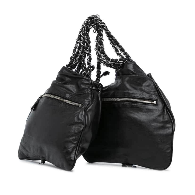 Chanel CC Calfskin Dual Twin Chain Handbag Black Leather Very good condition - Back View