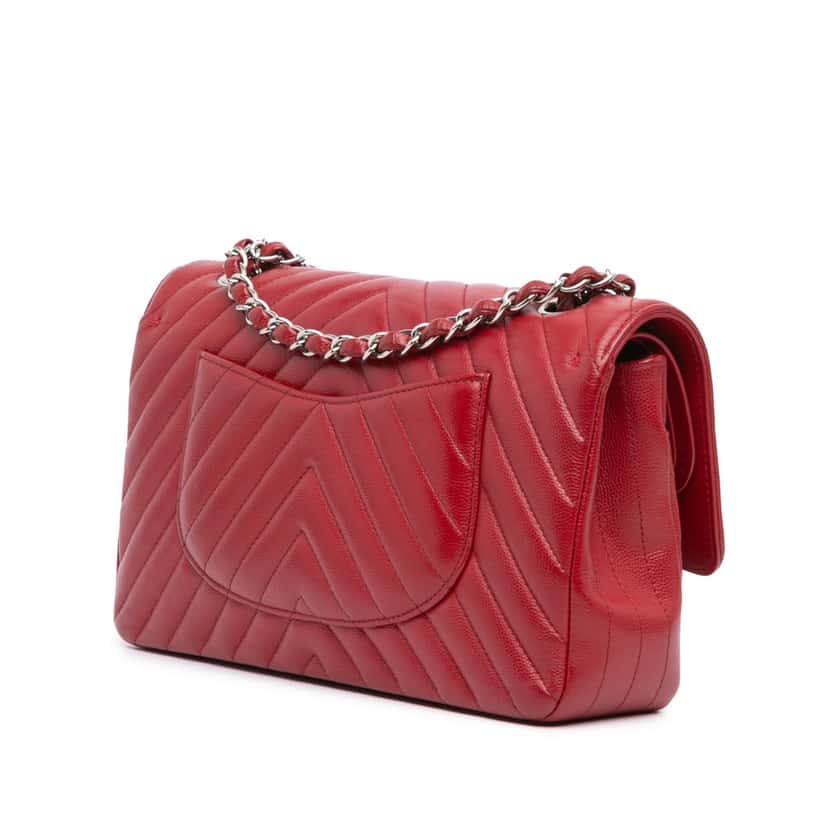 Chanel Medium Classic Chevron Caviar Double Flap Red Leather Good condition - Back View