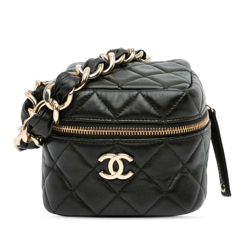 Chanel Quilted Lambskin Cube Chain Wristlet Case Black Leather Good condition - Front View