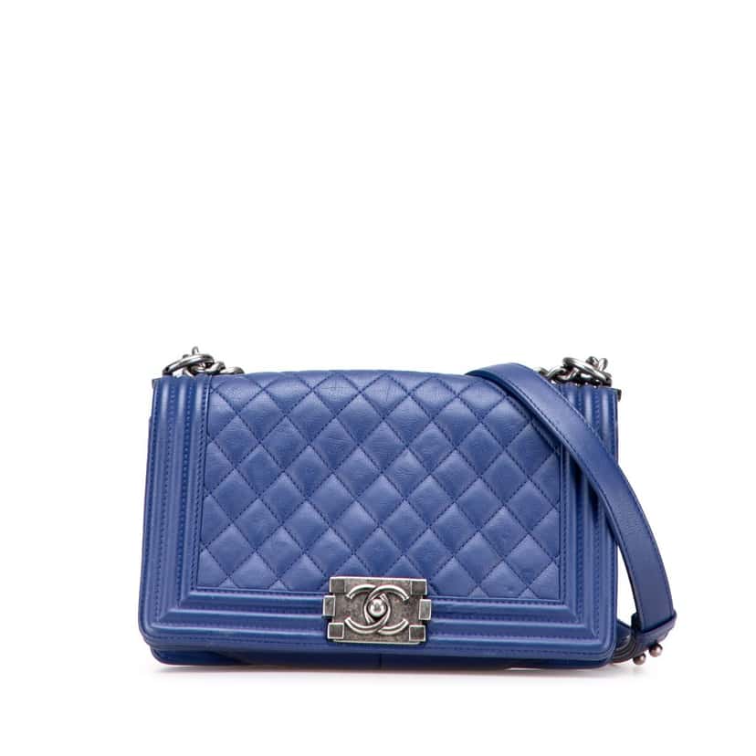 Chanel Old Medium Quilted Lambskin Boy Flap Blue Leather Good condition - Front View