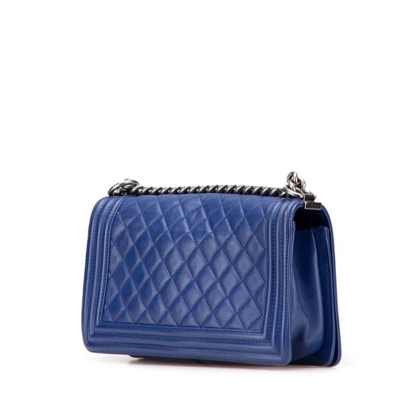 Chanel Old Medium Quilted Lambskin Boy Flap Blue Leather Good condition - Back View