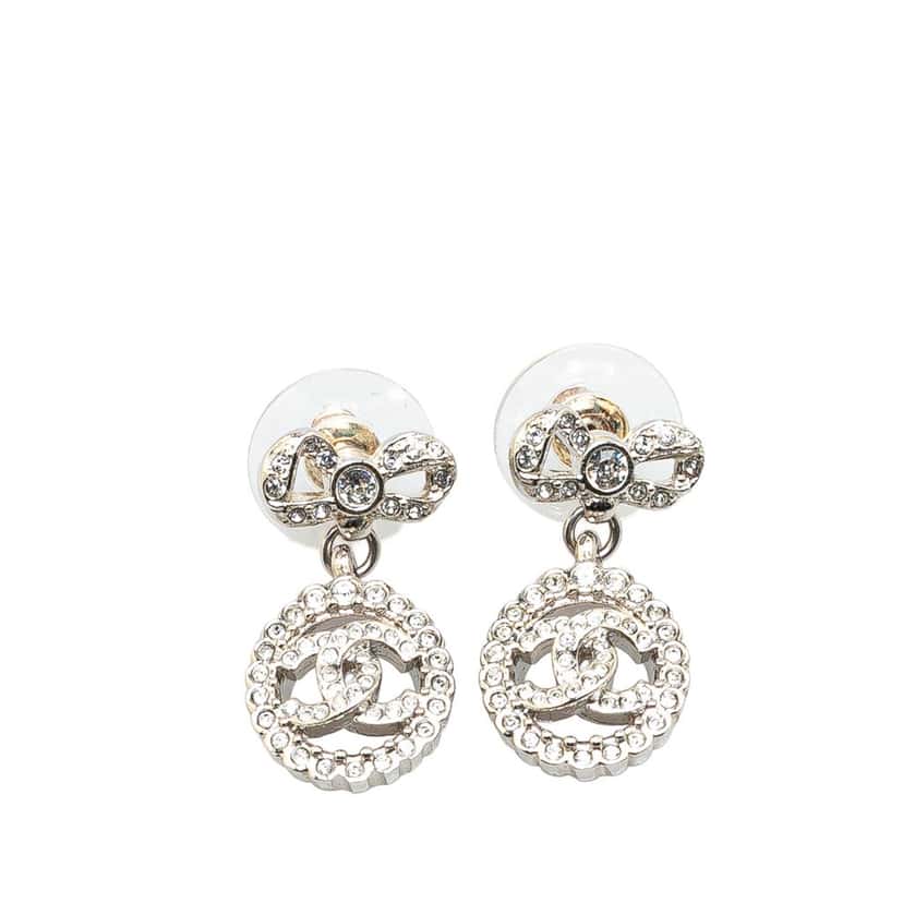 Chanel Silver CC Rhinestones Push Back Earrings Silver Silver Good condition - Front View