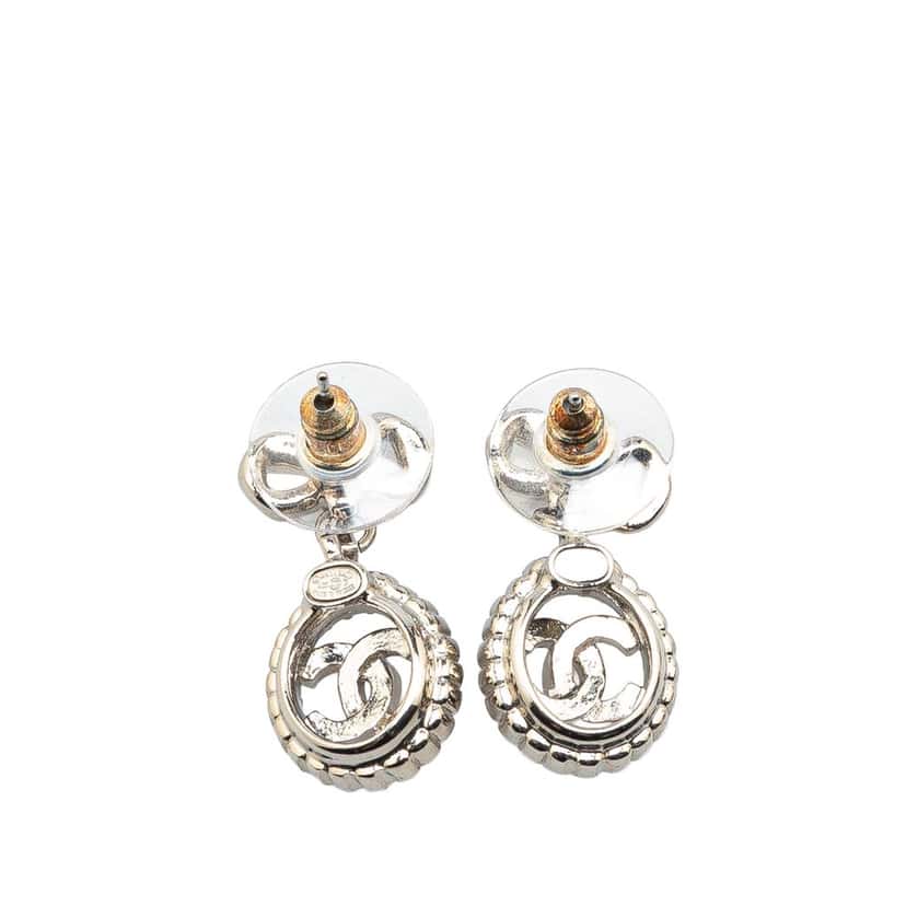 Chanel Silver CC Rhinestones Push Back Earrings Silver Silver Good condition - Back View