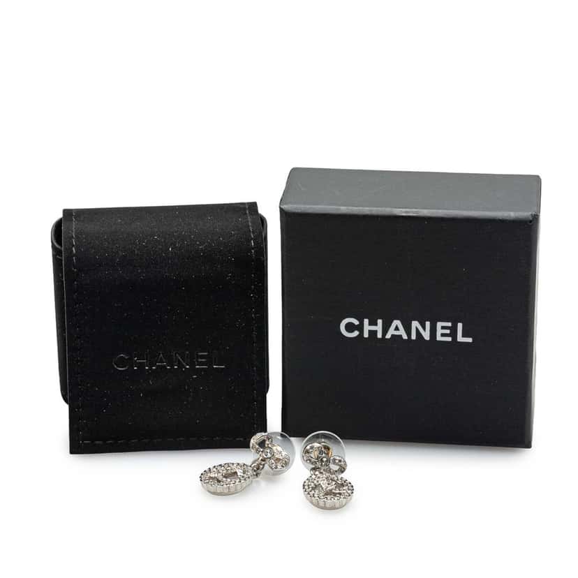 Chanel Silver CC Rhinestones Push Back Earrings Silver Silver Good condition - Model View
