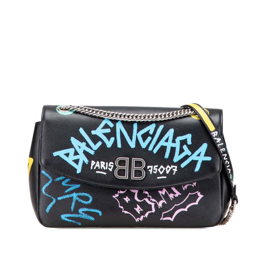 Balenciaga M Grained Calfskin Graffiti BB Round Crossbody Black Leather Good condition - Front View